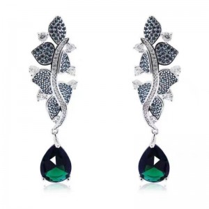 925 sterling silver synthetic emerald leaf cubic zirconia women earrings