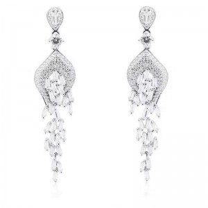 925 sterling silver platinum plated synthetic cubic zirconia women wedding dangle bride earrings