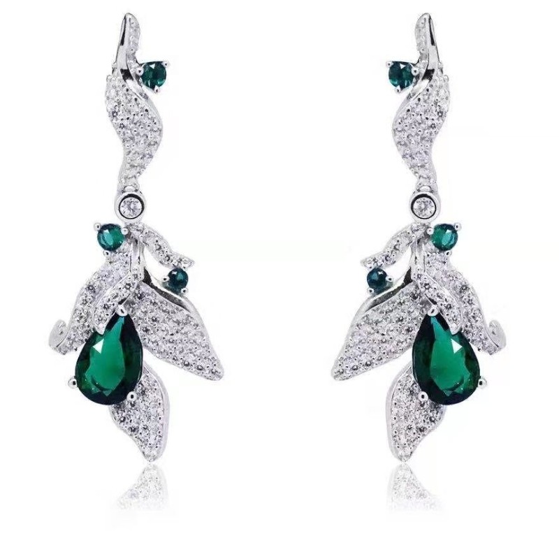 925 sterling silver synthetic emerald cubic zirconia women wedding dangle earrings bride earrings