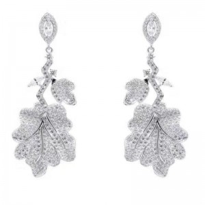 925 sterling silver platinum plated leaf cubic zirconia women wedding dangle bride earrings