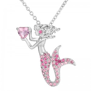 Mermaid heart pendant pink gemstone necklace for women 14k gold 925 sterling silver 18k rose gold